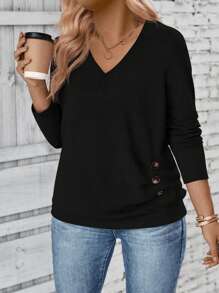 INAWLY Plus Size Women's Solid V-Neck Long Sleeve Button Simple T-Shirt, Casual Daily Wear Fall Cloth For Women - Black - View 4