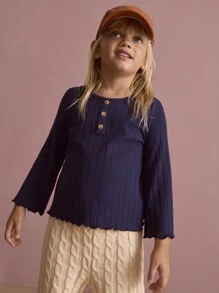 SHEIN Jeunes garçons Bleu côtelé tricoté col rond manches longues ample Babylock Casual T-shirt de base - Bleu azur - Voir 1