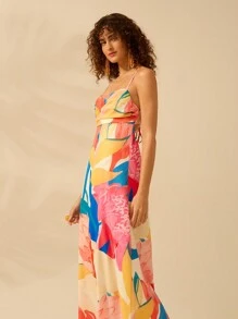 CAJUNI Boho Colorful Tropical Plant Print Sleeveless Sling, Hollow-Out Back Tie Long Dress, Casual Beach Holiday Summer Dress For Women