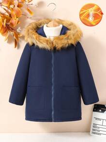 Young Boy Casual Warm Thermal Lined Hooded Padded Coat,Suitable For Autumn And Winter - Navy Blue - View 2