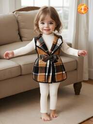 SHEIN Elladie kids مجموعة فتاة صغيرة 3 قطع: جاكيت قصيرة بياقة مربعة بلا أكمام، تيشيرت طويل الأكمام بياقة صناعية، بنطلون، بدلة رسمية للموسم الخريفي