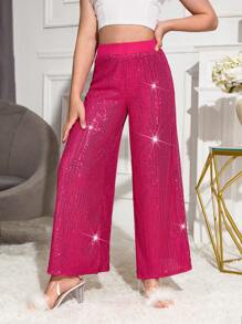 SHEIN Pantalones anchos con lentejuelas para niña preadolescente, elegantes y glamorosos pantalones de lentejuelas brillantes para fiesta y baile