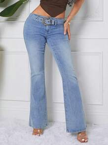 SHEIN SXY Women's Fashion Flare Leg Jeans With Eyelet Buckle Design - Light Wash - View 6