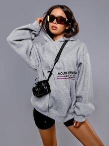 Athîral 1pc Women Casual Letter Print Hooded Sweatshirt, Autumn/Winter - Grey - View 6