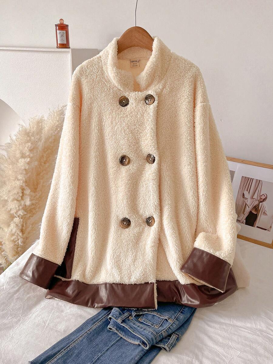 SHEIN Frenchy Plus Size Casual Daily Front Button Fleece Jacket, Autumn/Winter - Apricot - View 1