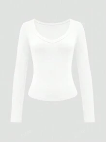 Camiseta de mujer XLLAIS con cuello en V sexy, elástica, gris, suave y casual de manga larga