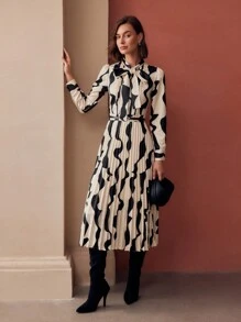 MOTF PREMIUM ALLOVER PRINT TIE NECK PUFF SLEEVE PLEATED HEM LONG DRESS WITHOUT BELT, WOMEN OUTFIT