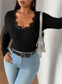 Franclia Plus Size Women Deep V-Neck Contrast Lace Long Sleeve T-Shirt, Casual & Slimming, Decorative Button Design, Autumn/Winter