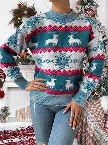 SHEIN LUNE Women Reindeer Pattern Round Neck Drop Shoulder Long Sleeve Pullover Sweater, Autumn/Winter - Teal Blue - View 3
