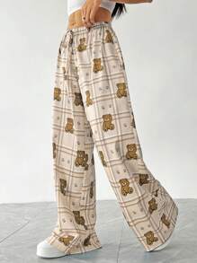 SHEIN EZwear 女士休闲泰迪熊装饰松紧腰格子印花宽腿宽松裤 - 粉色 - 查看 4