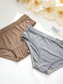 Set de 5 piezas de bragas tipo bikini acanaladas de unicolor, estilo casual