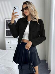 EMERY ROSE 女士休闲纯色落肩宽松翻盖口袋拉链夹克 - 黑色 - 查看 5