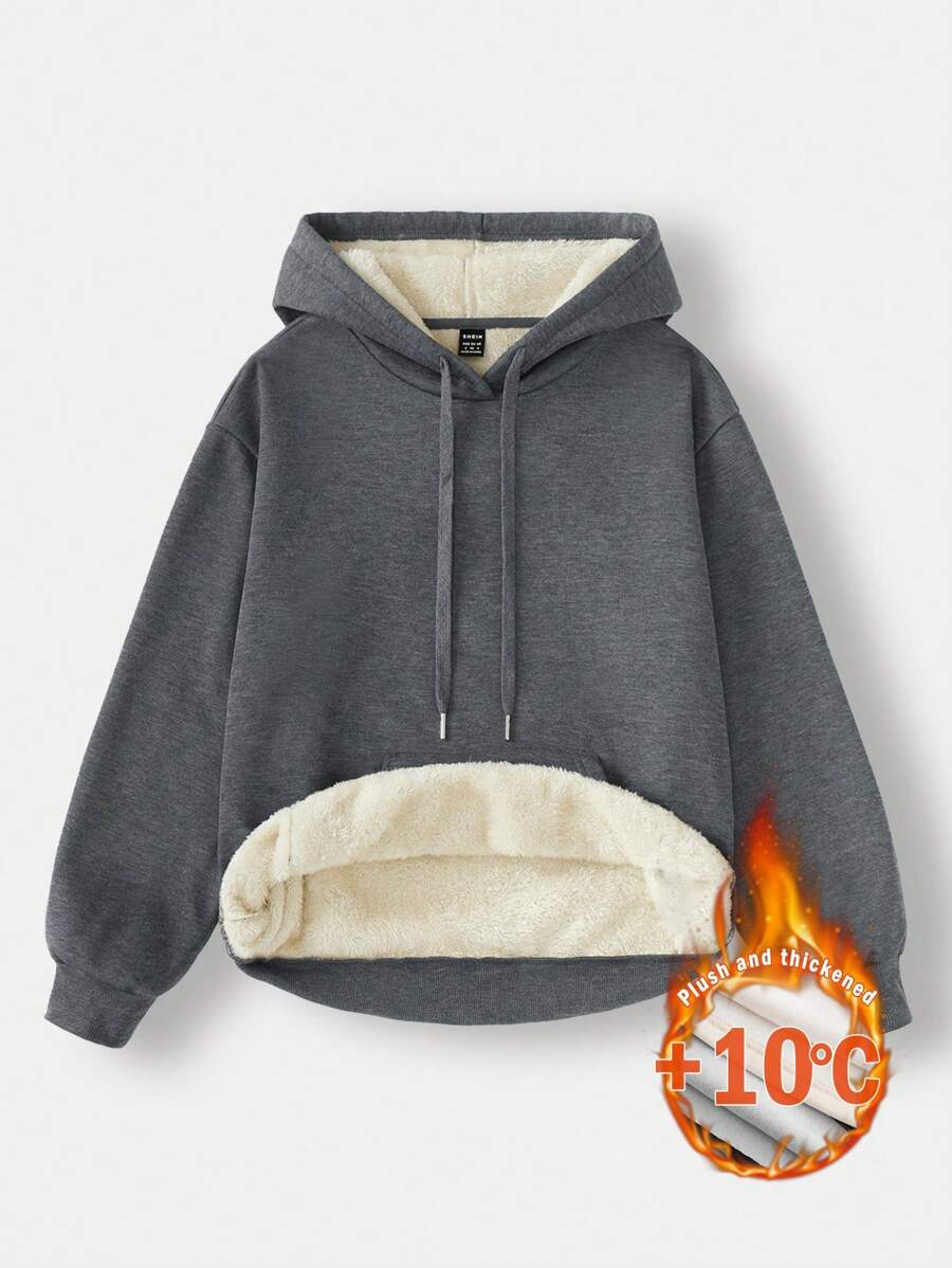 SHEIN EZwear 女款深灰色休閒寬鬆厚抓絨保暖運動衫,附口袋,適合秋冬穿著 - 灰色 - 查看 1