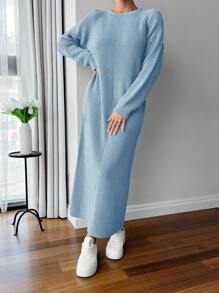 SHEIN Cottnline Round Neck Raglan Sleeve Maxi Sweater Dress With Beading - Baby Blue - View 5