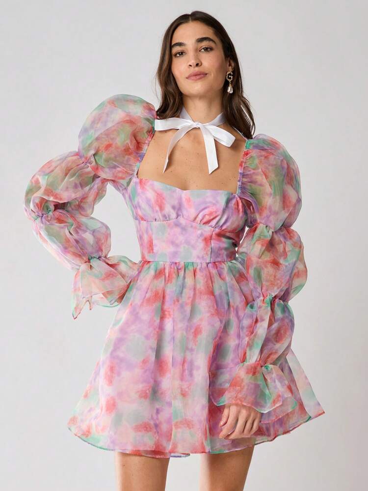 Women's Elegant Tie-Dye Puff Sleeve Mini Dress, Autumn