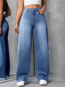 SHEIN Tall Women's Blue Denim Loose Fit Trousers Loose Straight Leg Pants Back To School First Day Of School Women Jeans Baggy Women Pants Women Bottoms Fall Women Y2K - Medium Wash - View 1