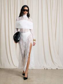 AiiRZ Sheer Lace High Neck Long Sleeve Side Slit Midi Dress - White - View 3