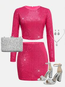 SHEIN 2pcs/Set Teen Girl's Fuchsia Sequin Decorated Elegant Party Crop Top And Mini Skirt Outfit - Hot Pink - View 1