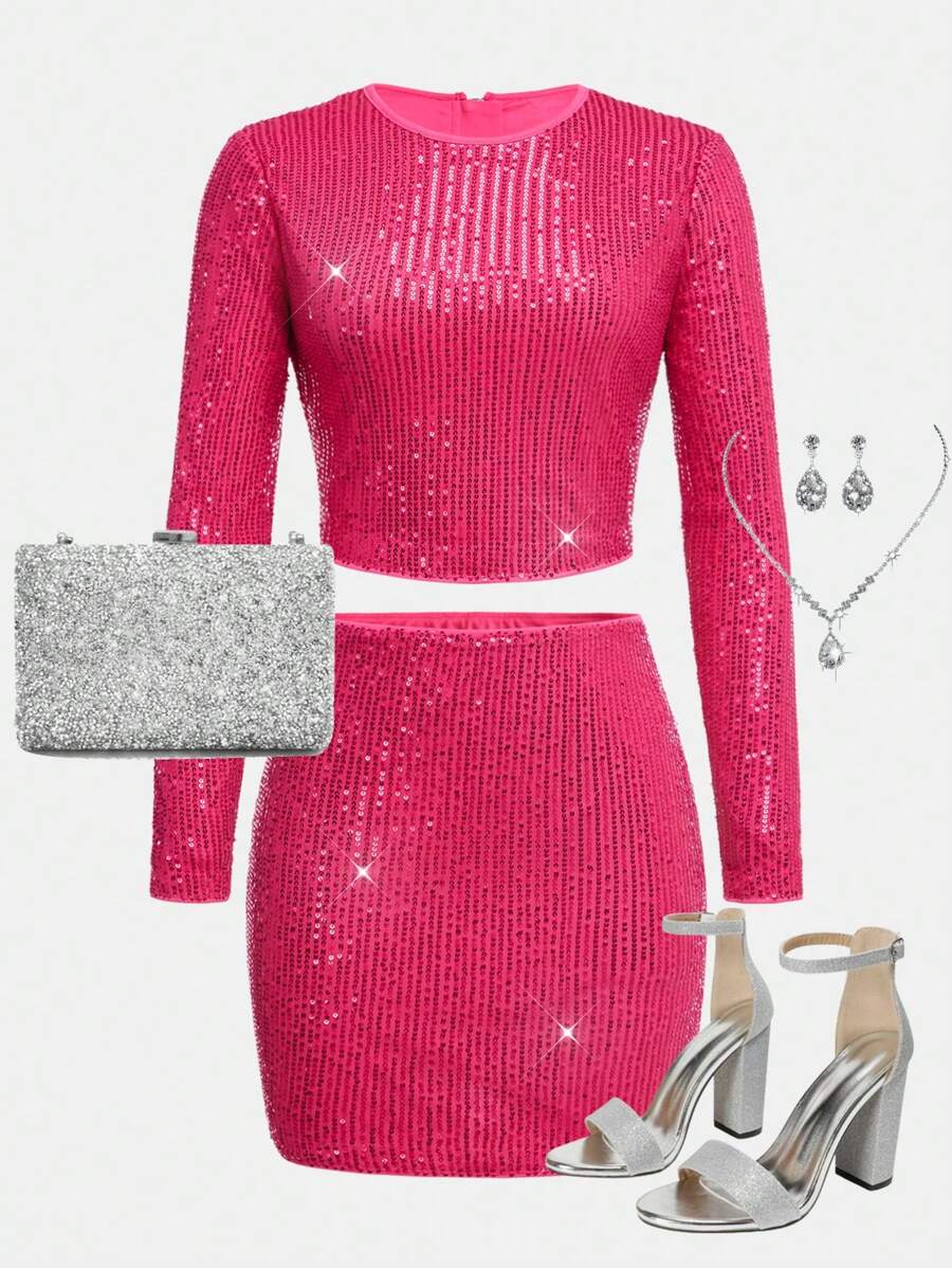 SHEIN 2pcs/Set Teen Girl's Fuchsia Sequin Decorated Elegant Party Crop Top And Mini Skirt Outfit - Hot Pink - View 1