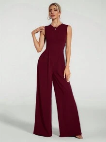 SHEIN Tall Casual Elegant Sleeveless Wide-Leg Black Jumpsuit - Burgundy - View 3