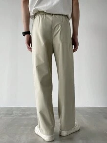 Calvornis Pantalones casuales para hombre de unicolor con decoración de botones en el bolsillo, ropa de ocio para uso diario - Beis - Ver 2