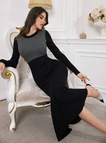 Modelyn Women Casual Elegant Plaid Patchwork Fish Tail Hem Sweater Dress, Suitable For Autumn And Winter