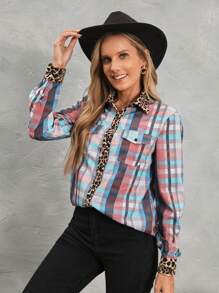 SHEIN LUNE Casual kleurrijk geruit overhemd met patchworkprint voor dames