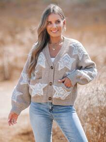 SHEIN VCAY Chaqueta de punto casual para diario y vacaciones con estampado de estrella, suéteres para mujer, térmica, ropa de invierno para mujer - Caqui - Ver 6