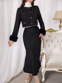Modelyn 2 件套女士优雅前扣撞色毛绒袖口夹克和美人鱼下摆裙子，秋季 2 件套 - 黑色 - 查看 6