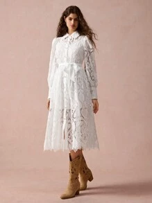 Enchnt 女式春夏蕾丝长袖单排扣长款优雅衬衫裙 - 白色 - 查看 7