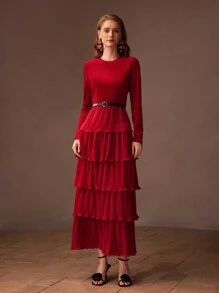 MOTF PREMIUM SOLID PLISSE LAYERED RUFFLE HEM BUCKLE BELTED DRESS - Red - View 5