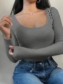 SHEIN BASICS 女士休闲纯色针织圆领长袖修身 T 恤，升级保暖面料，保暖内衬，不臃肿，修身弹力内衣 T 恤，适合秋冬季 - 淺灰色 - 查看 5