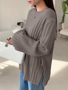 DAZY 女士纯色圆领长袖休闲毛衣，秋季服装 - 灰色 - 查看 3