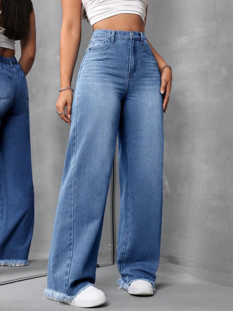 SHEIN Tall 女士蓝色牛仔宽松长裤 宽松直筒裤 开学第一天女士牛仔裤 宽松女士裤子 女士下装 秋季女士 Y2K - 中等水洗藍 - 查看 5