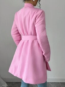 SHEIN Unity Abrigo acolchado de algodón de largo medio, diseño de cintura ceñida para estilizar el aspecto, prenda de vestir de invierno - Rosa - Ver 2