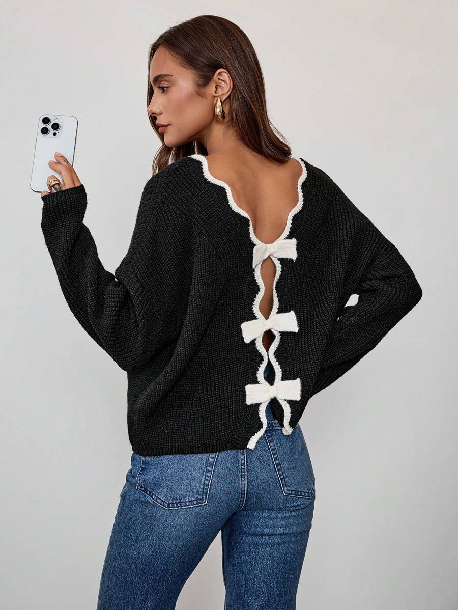 Chiquease 新款欧美风格休闲修身手工蝴蝶花卉针织套头衫，秋冬时尚针织衫 - 黑與白 - 查看 1