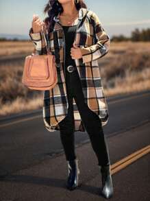 SHEIN LUNE 格子印花口袋设计拉链大码长款连帽夹克，适合秋冬感恩节装扮，感恩节装扮口袋格子粗花呢夹克，必备品，休闲日常穿着节日装扮