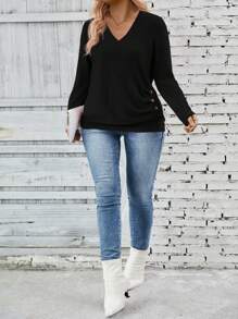 INAWLY Plus Size Women's Solid V-Neck Long Sleeve Button Simple T-Shirt, Casual Daily Wear Fall Cloth For Women - Black - View 6