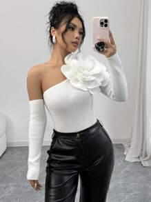 Elenzga 女士3D立体花朵装饰不对称肩部长袖修身休闲毛衣，针织套头衫，秋冬款 - 白色 - 查看 4