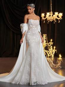 Glamrae Váy đuôi cá thêu ren và satin co giãn màu kem sang trọng lãng mạn thanh lịch, phù hợp cho đám cưới, tiệc đính hôn, tuần trăng mật, váy cưới màu trắng - Màu be - Xem 5