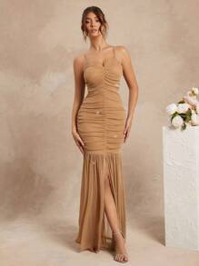 L'Amorae Crossed Back Mesh Center Slit Dress