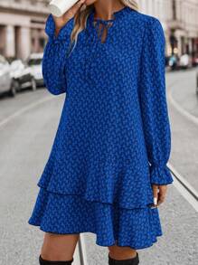 EMERY ROSE 1pc Women All-Over Print Minimalist Short Casual Dress With Long Sleeve, For Daily Wear