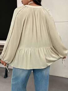 SHEIN Frenchy Plus Size Casual Ruffled Patchwork Smock A-Line Shirt - Apricot - View 2