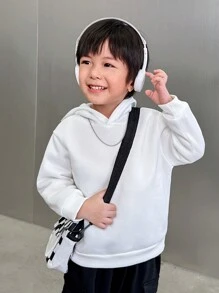 SHEIN Loose Fit Casual Young Boy Solid Color Thermal Lined Sweatshirt, Suitable For Autumn/Winter - White - View 6