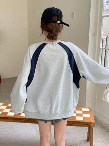 DAZY 女式字母印花拼色长袖羊毛衫，秋冬，长袖上衣，秋季女装 - 灰色 - 查看 6