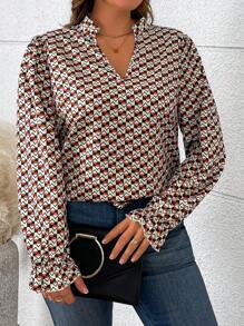 SHEIN LUNE Blusa elegante de manga larga con escote en V y estampado geométrico, para mujer de talla grande, otoño