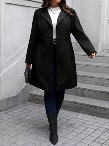 SHEIN Clasi Plus Size Solid Color Casual Daily Wear Notched Collar Single-Breasted Coat, Autumn, For Winter