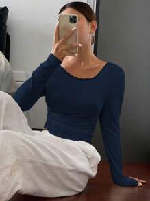 DAZY Women's Sexy Backless Contrast Lace Bodycon Ribbed T-Shirt Top,Halter Top,Fall Clothes Long Sleeve Women Tops - Navy Blue - View 5