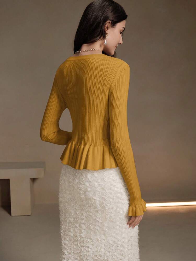 Women's Elegant Pearl Button Decorated Ruffle Trim Open Cardigan