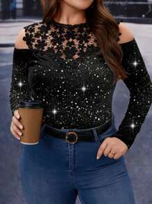 SHEIN Clasi Camisa ajustada de hombros caídos con encaje de contraste, elegante para otoño, talla grande